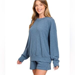 Zenana Slub Knit Pullover Lounge Shorts Set Dusty Blue Matching Set